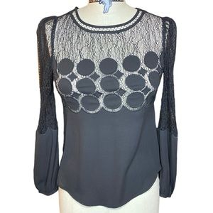 EASLEY Black Mesh Top With Circle Cut-Outs Side Zip Sz Small Long Sleeve Elegant